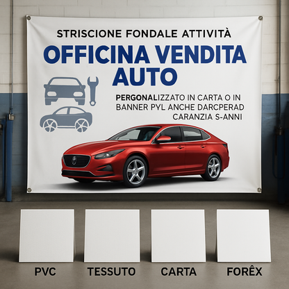 GLOBAL STRISCIONE FONDALE ATTIVITÀ - OFFICINA VENDITA AUTO - PERSONALIZZATO IN CARTA O IN BANNER PVC ANCHE DA ESTERNO GARANZIA 5 ANNI - 03 materiali
