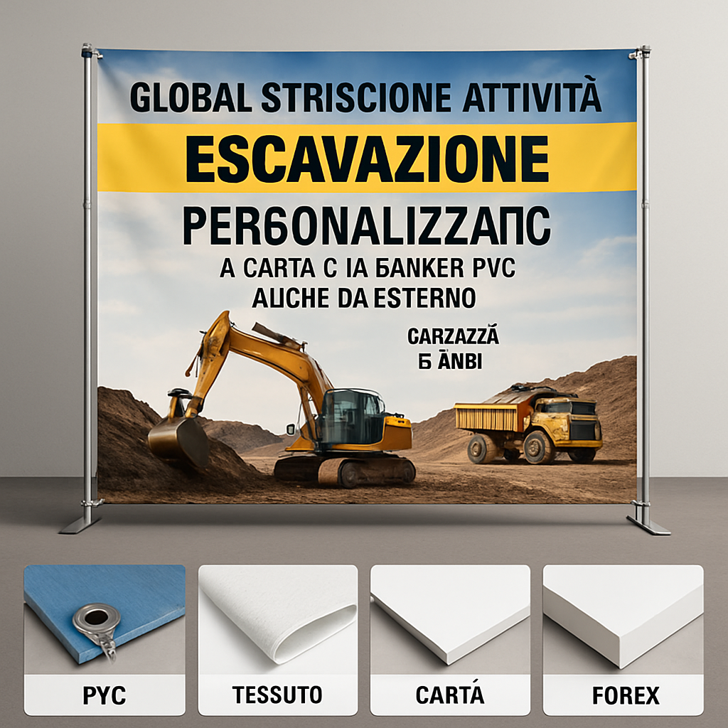 GLOBAL STRISCIONE FONDALE ATTIVITÀ - ESCAVAZIONE - PERSONALIZZATO IN CARTA O IN BANNER PVC ANCHE DA ESTERNO GARANZIA 5 ANNI - 03 materiali