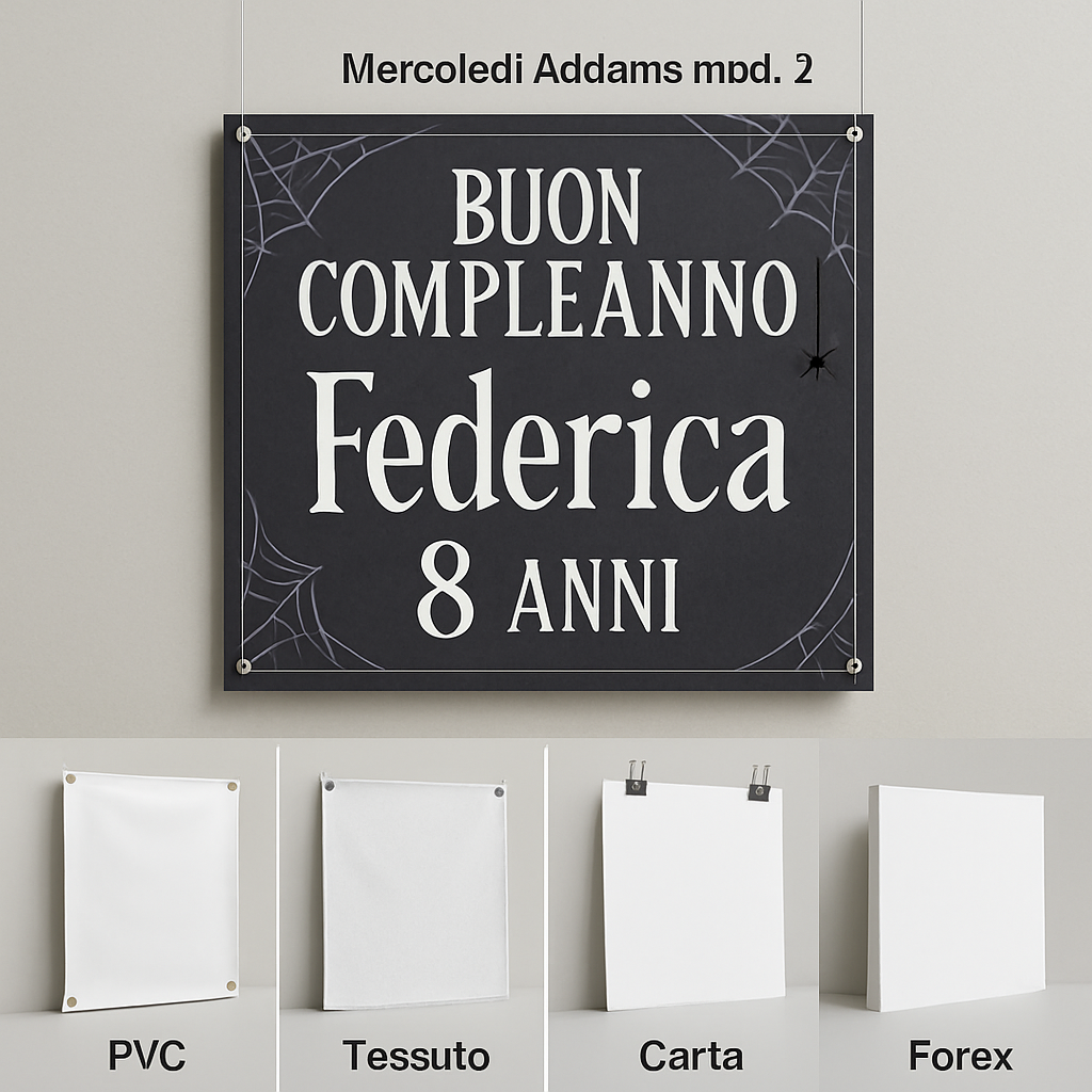 BANNER STRISCIONE compleanno - Mercoledì Addams mod. 2 - CON NOME ed età bimbo/a - 03 materiali