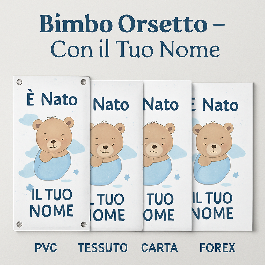 BANNER STRISCIONE NASCITA - Bimbo Orsetto - CON IL TUO NOME bimbo neonato - 03 materiali