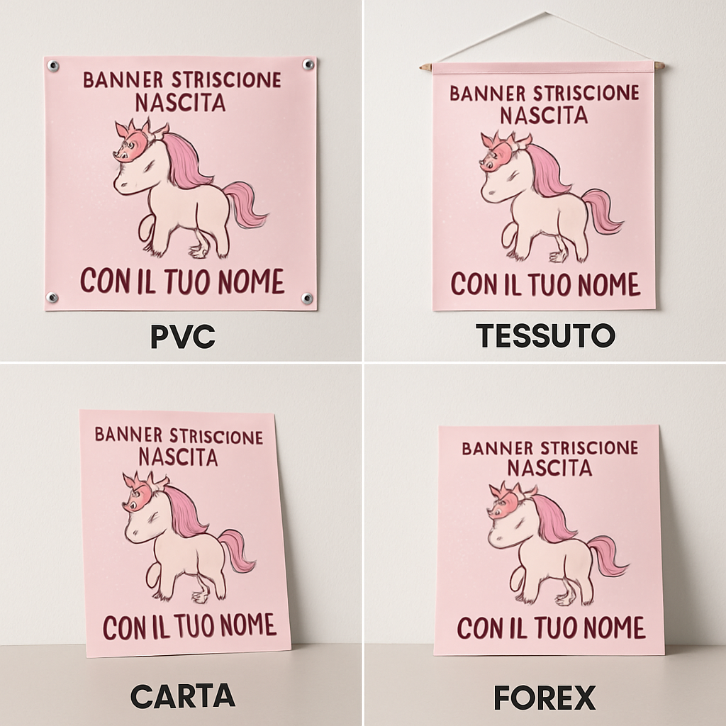 BANNER STRISCIONE NASCITA - Unicorno rosa - CON IL TUO NOME bimbo neonato - 03 materiali