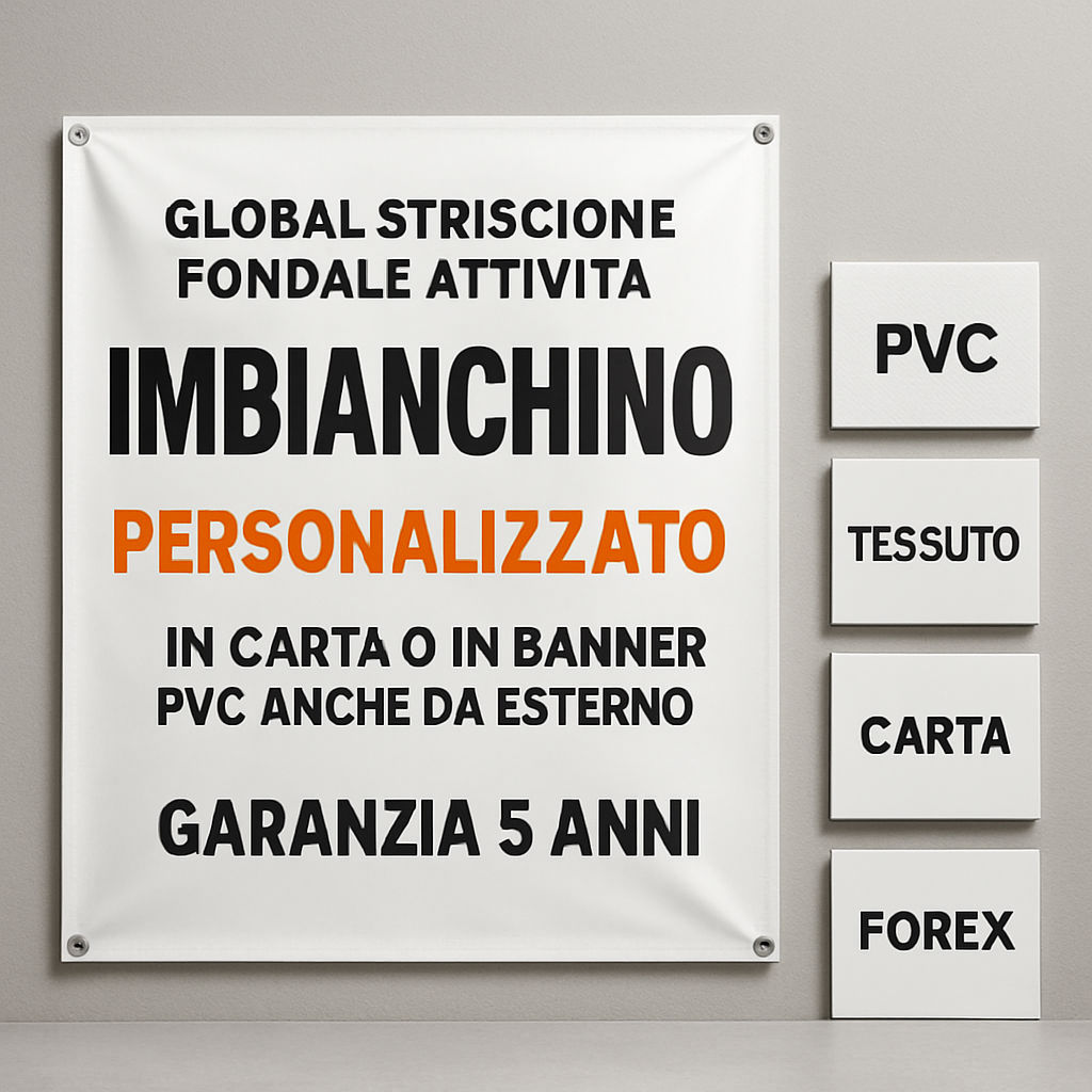 GLOBAL STRISCIONE FONDALE ATTIVITÀ - IMBIANCHINO - PERSONALIZZATO IN CARTA O IN BANNER PVC ANCHE DA ESTERNO GARANZIA 5 ANNI - 03 materiali
