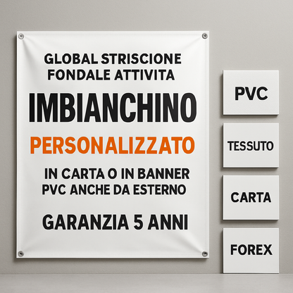 GLOBAL STRISCIONE FONDALE ATTIVITÀ - IMBIANCHINO - PERSONALIZZATO IN CARTA O IN BANNER PVC ANCHE DA ESTERNO GARANZIA 5 ANNI - 03 materiali