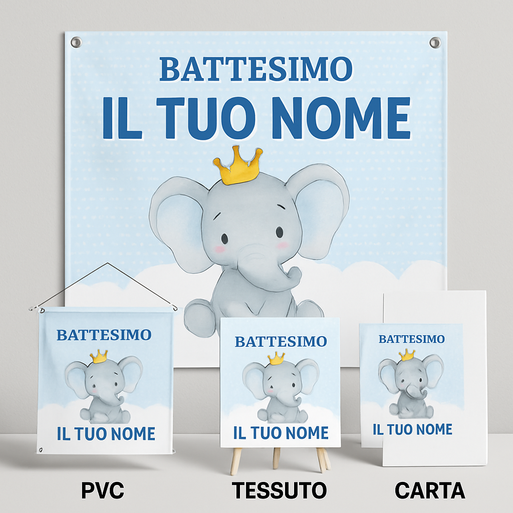 BANNER STRISCIONE BATTESIMO - Elefantino Con corona AZZURRO - CON IL TUO NOME bimbo - 03 materiali