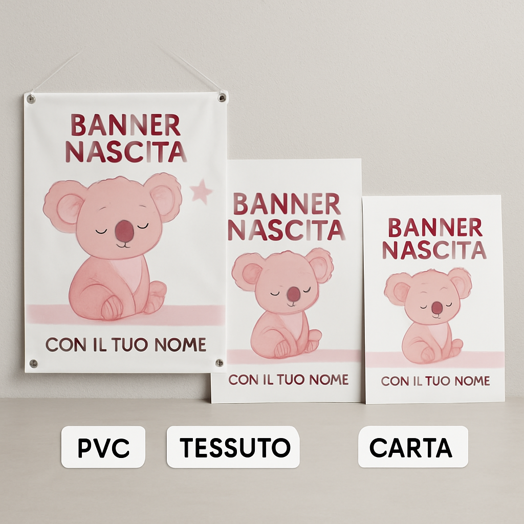 BANNER STRISCIONE NASCITA - Koala rosa - CON IL TUO NOME bimbo neonato - 03 materiali