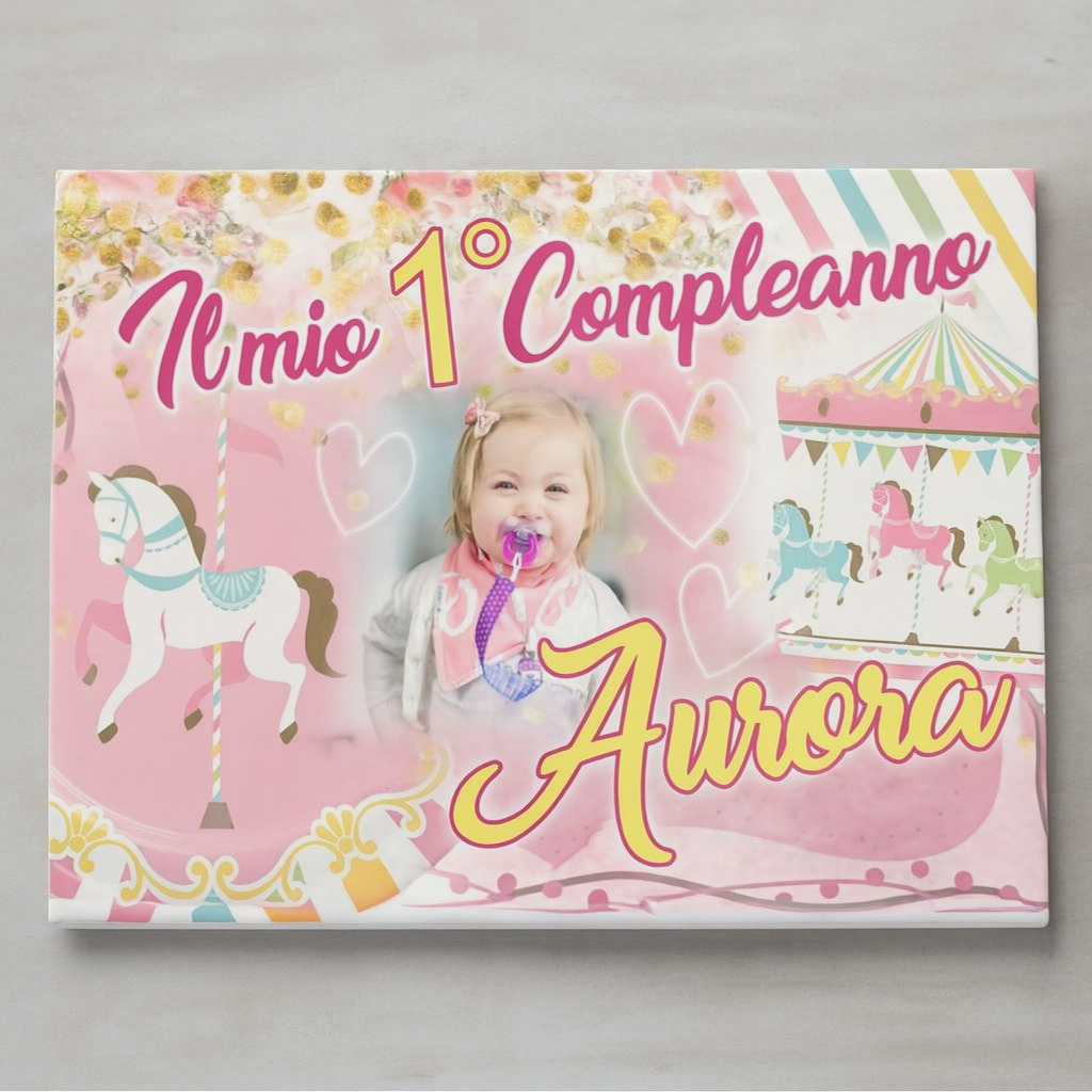GLOBAL STRISCIONE FONDALE COMPLEANNO - Carosello Giostrine - STRISCIONE PERSONALIZZATO IN CARTA O IN BANNER PVC ANCHE DA ESTERNO GARANZIA 5 ANNI - 03 materiali