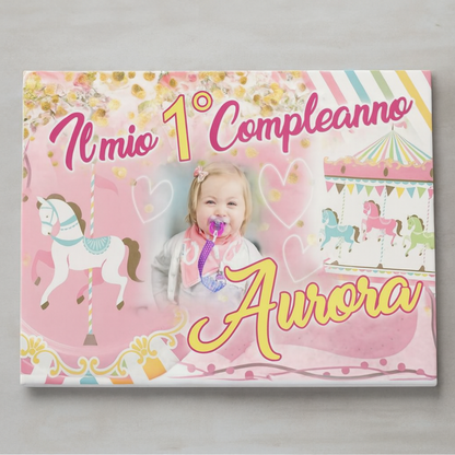 GLOBAL STRISCIONE FONDALE COMPLEANNO - Carosello Giostrine - STRISCIONE PERSONALIZZATO IN CARTA O IN BANNER PVC ANCHE DA ESTERNO GARANZIA 5 ANNI - 03 materiali