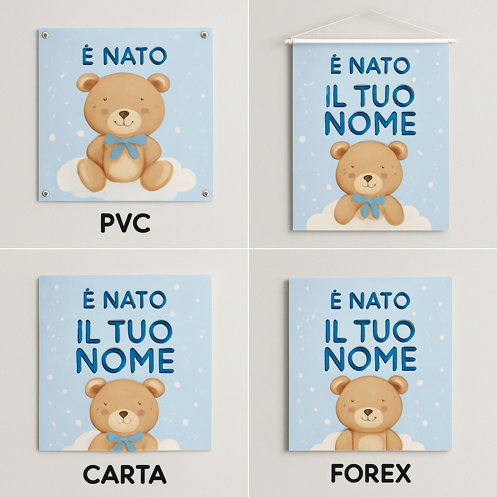 BANNER STRISCIONE NASCITA - Bambino orsetto - CON IL TUO NOME bimbo neonato - 03 materiali
