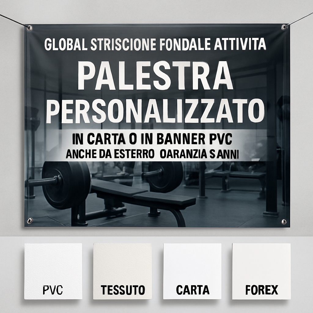 GLOBAL STRISCIONE FONDALE ATTIVITÀ - PALESTRA - PERSONALIZZATO IN CARTA O IN BANNER PVC ANCHE DA ESTERNO GARANZIA 5 ANNI - 03 materiali