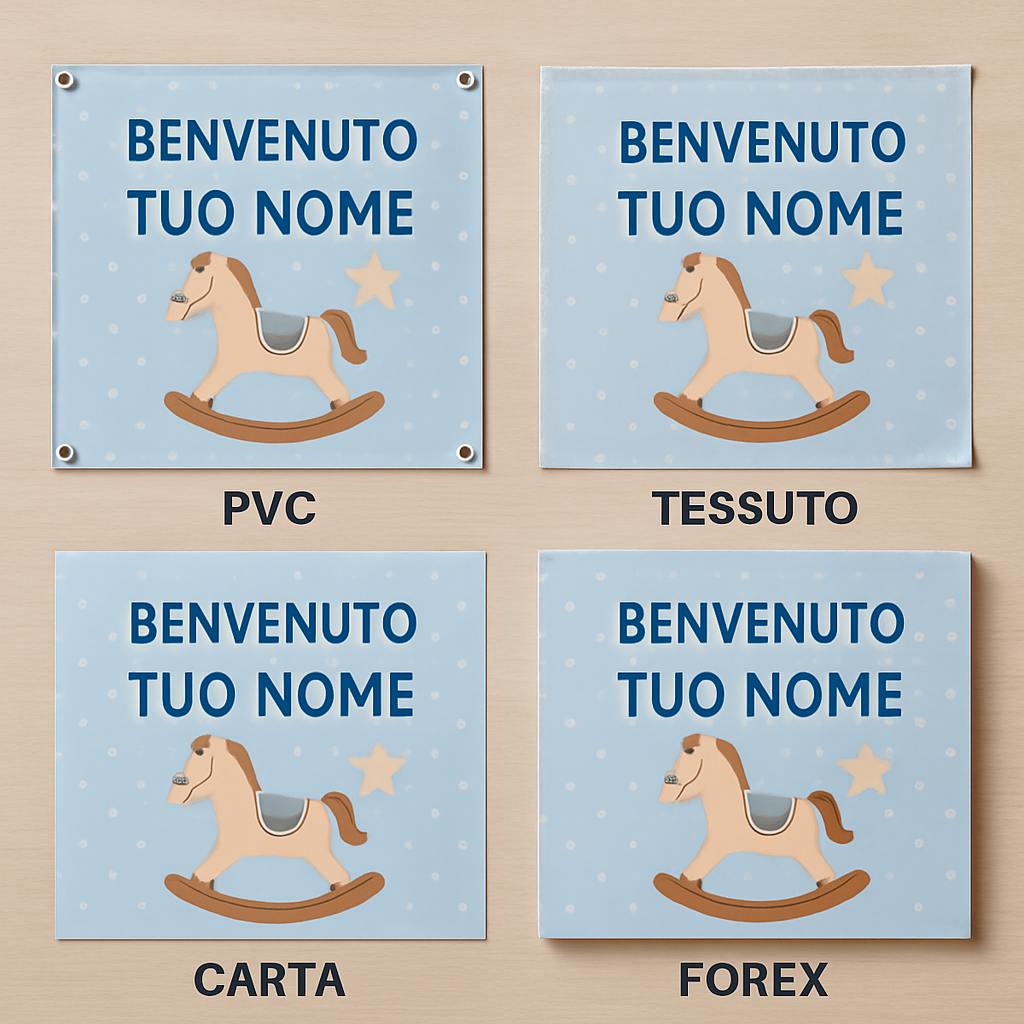 BANNER STRISCIONE NASCITA - Cavalluccio a dondolo - CON IL TUO NOME bimbo neonato - 03 materiali