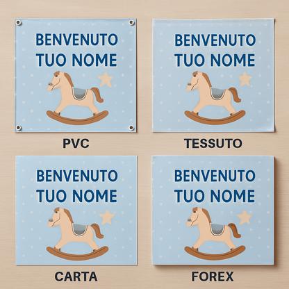 BANNER STRISCIONE NASCITA - Cavalluccio a dondolo - CON IL TUO NOME bimbo neonato - 03 materiali
