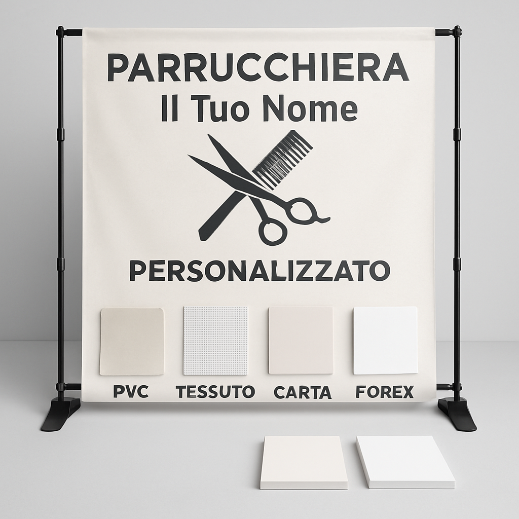 GLOBAL STRISCIONE FONDALE ATTIVITÀ - PARRUCCHIERA - PERSONALIZZATO IN CARTA O IN BANNER PVC ANCHE DA ESTERNO GARANZIA 5 ANNI - 03 materiali