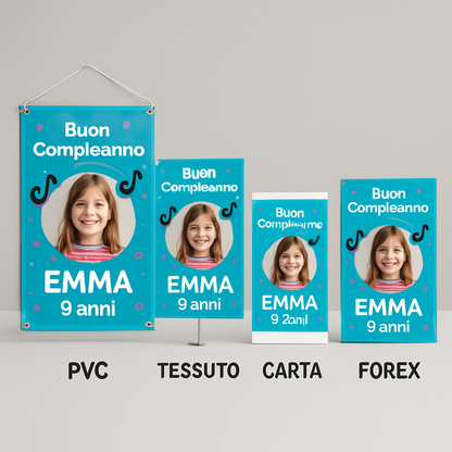BANNER STRISCIONE compleanno - Tik Tok - CON NOME foto ed età bimbo/a - 03 materiali