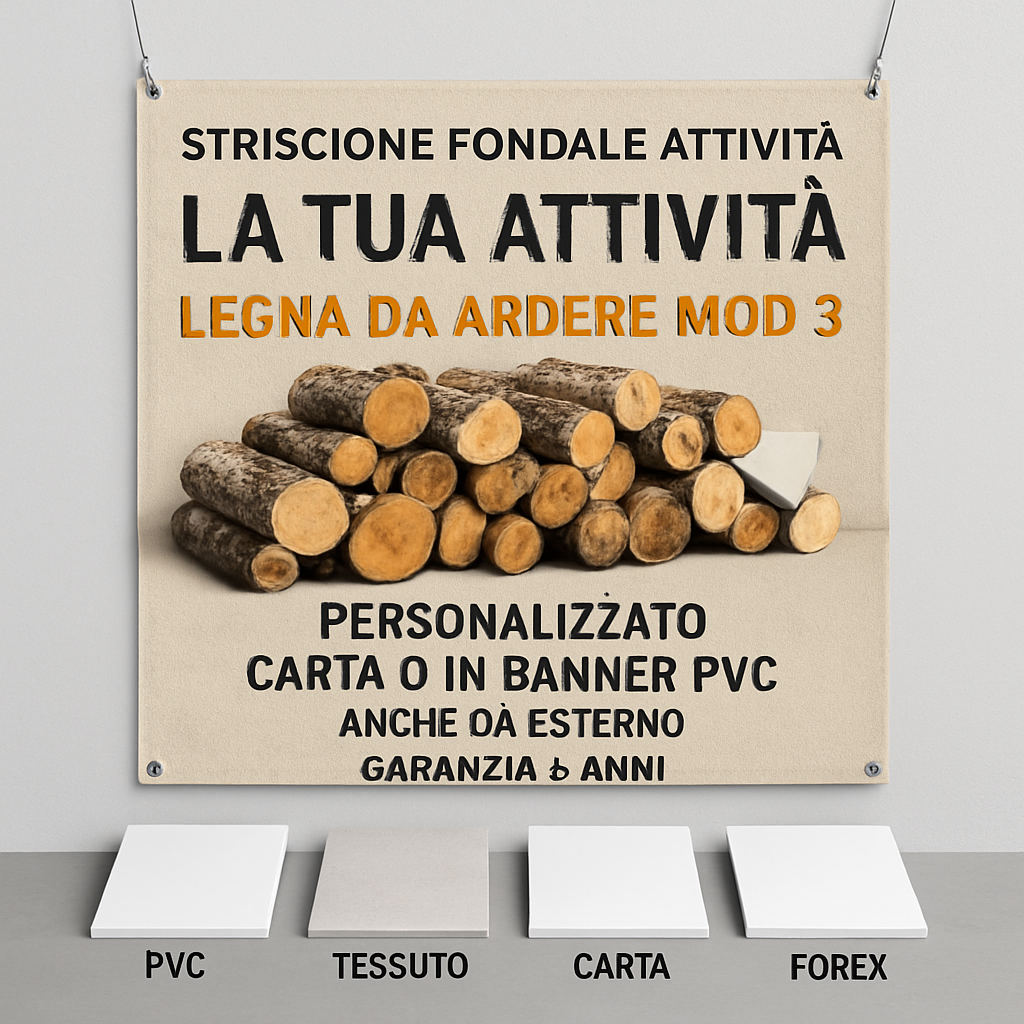 GLOBAL STRISCIONE FONDALE ATTIVITÀ - LEGNA DA ARDERE MOD 3 - PERSONALIZZATO IN CARTA O IN BANNER PVC ANCHE DA ESTERNO GARANZIA 5 ANNI - 03 materiali