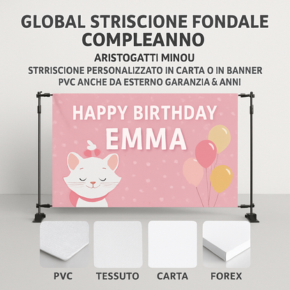 GLOBAL STRISCIONE FONDALE COMPLEANNO - Aristogatti Minou - STRISCIONE PERSONALIZZATO IN CARTA O IN BANNER PVC ANCHE DA ESTERNO GARANZIA 5 ANNI - 03 materiali