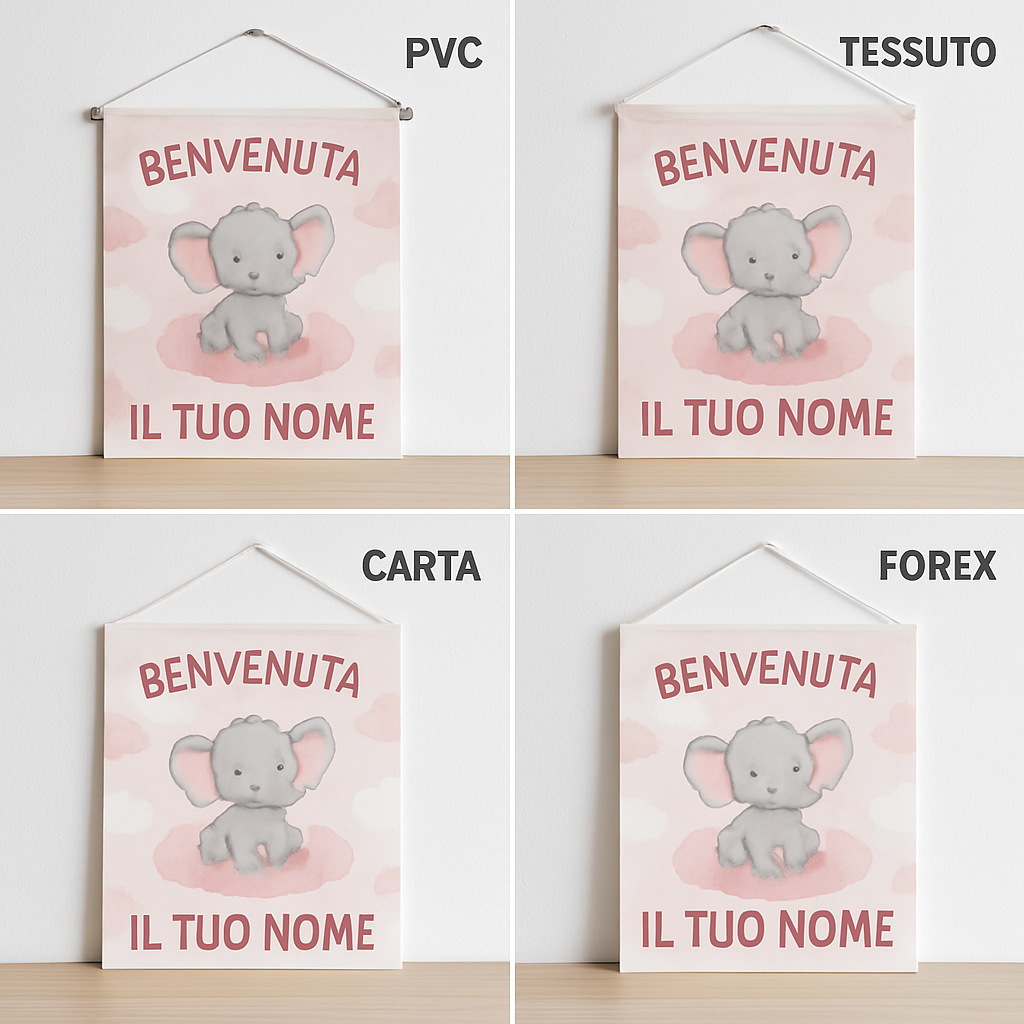 BANNER STRISCIONE NASCITA - Elefante tra le nuvole rosa - CON IL TUO NOME bimbo neonato - 03 materiali
