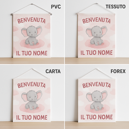 BANNER STRISCIONE NASCITA - Elefante tra le nuvole rosa - CON IL TUO NOME bimbo neonato - 03 materiali