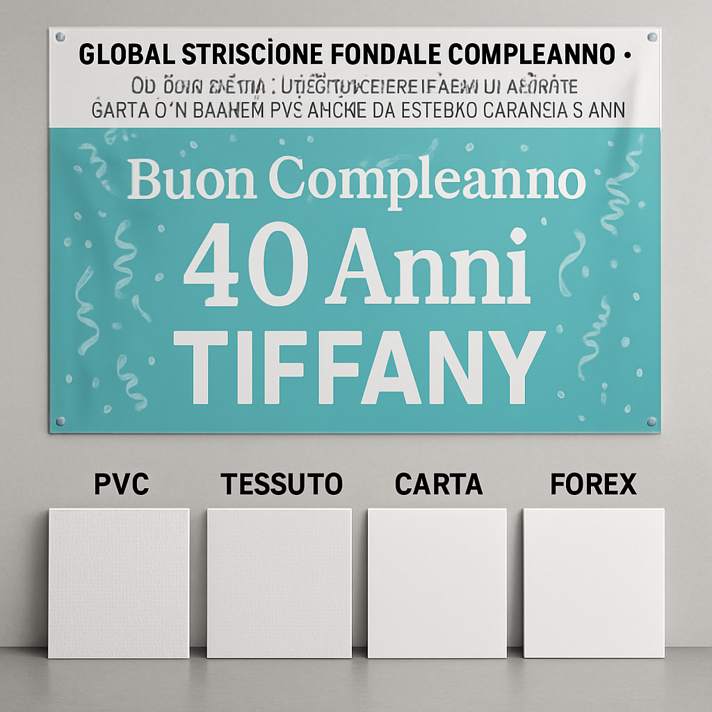 GLOBAL STRISCIONE FONDALE COMPLEANNO - 40 Anni Tiffany - STRISCIONE PERSONALIZZATO IN CARTA O IN BANNER PVC ANCHE DA ESTERNO GARANZIA 5 ANNI - 03 materiali