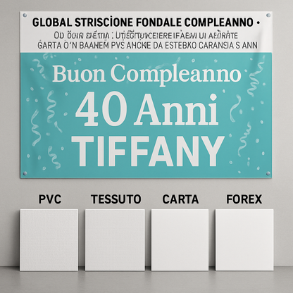 GLOBAL STRISCIONE FONDALE COMPLEANNO - 40 Anni Tiffany - STRISCIONE PERSONALIZZATO IN CARTA O IN BANNER PVC ANCHE DA ESTERNO GARANZIA 5 ANNI - 03 materiali