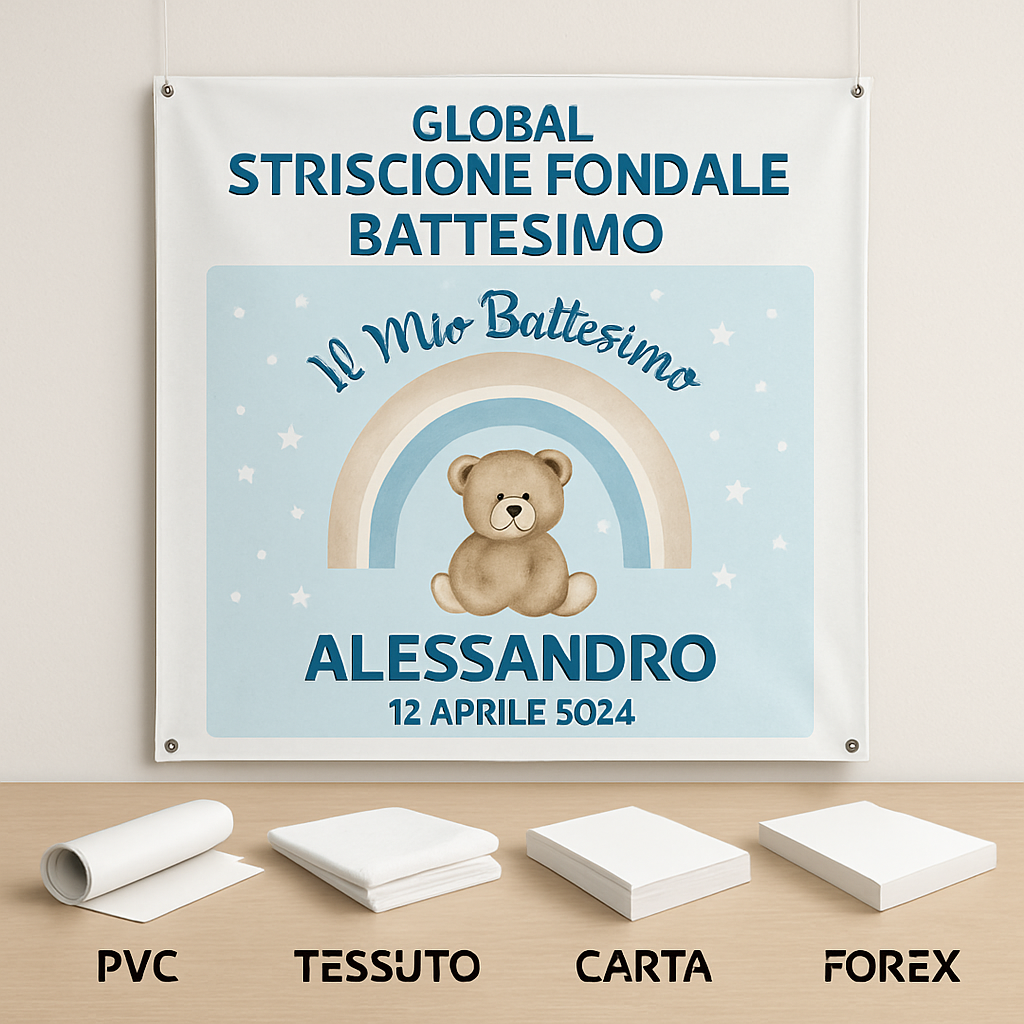GLOBAL STRISCIONE FONDALE BATTESIMO - Battesimo Orsetto mod 2 - STRISCIONE PERSONALIZZATO IN CARTA O IN BANNER PVC ANCHE DA ESTERNO GARANZIA 5 ANNI - 03 materiali