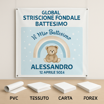 GLOBAL STRISCIONE FONDALE BATTESIMO - Battesimo Orsetto mod 2 - STRISCIONE PERSONALIZZATO IN CARTA O IN BANNER PVC ANCHE DA ESTERNO GARANZIA 5 ANNI - 03 materiali