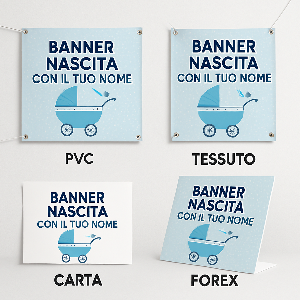 BANNER STRISCIONE NASCITA - Carrozzina - CON IL TUO NOME bimbo neonato - 03 materiali