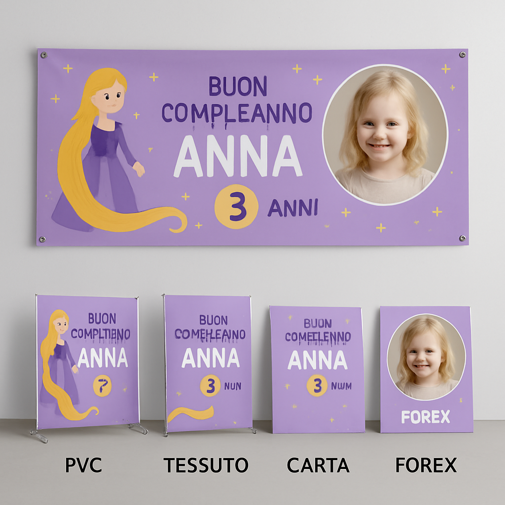 BANNER STRISCIONE compleanno - Rapunzel - CON NOME foto ed età bimbo/a - 03 materiali