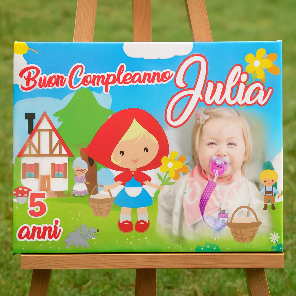 GLOBAL STRISCIONE FONDALE COMPLEANNO - Cappuccetto Rosso - STRISCIONE PERSONALIZZATO IN CARTA O IN BANNER PVC ANCHE DA ESTERNO GARANZIA 5 ANNI - 03 materiali
