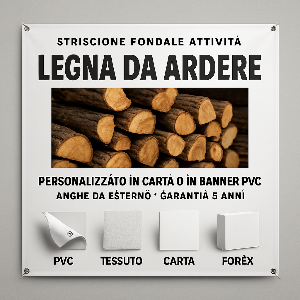 GLOBAL STRISCIONE FONDALE ATTIVITÀ - LEGNA DA ARDERE - PERSONALIZZATO IN CARTA O IN BANNER PVC ANCHE DA ESTERNO GARANZIA 5 ANNI - 03 materiali