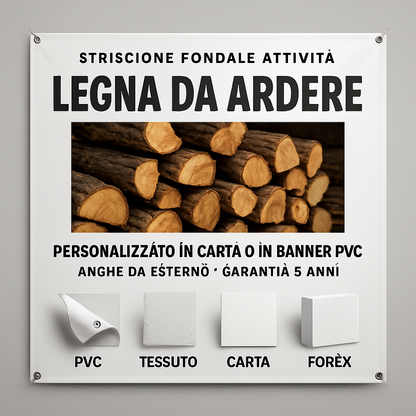 GLOBAL STRISCIONE FONDALE ATTIVITÀ - LEGNA DA ARDERE - PERSONALIZZATO IN CARTA O IN BANNER PVC ANCHE DA ESTERNO GARANZIA 5 ANNI - 03 materiali
