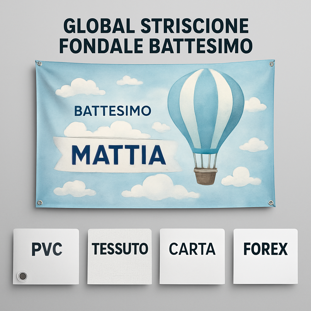 GLOBAL STRISCIONE FONDALE BATTESIMO - Battesimo Mongolfiera - STRISCIONE PERSONALIZZATO IN CARTA O IN BANNER PVC ANCHE DA ESTERNO GARANZIA 5 ANNI - 03 materiali