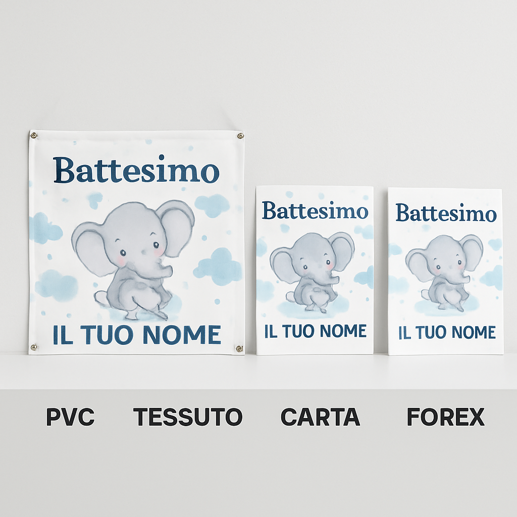 BANNER STRISCIONE BATTESIMO - Elefantino mod.2 - CON IL TUO NOME bimbo - 03 materiali