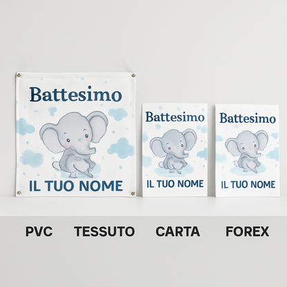 BANNER STRISCIONE BATTESIMO - Elefantino mod.2 - CON IL TUO NOME bimbo - 03 materiali