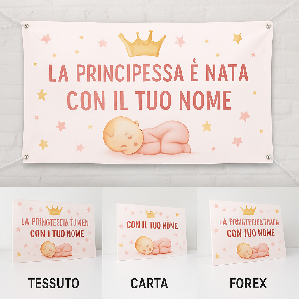 BANNER STRISCIONE NASCITA - la principessa è nata - CON IL TUO NOME bimbo neonato - 03 materiali