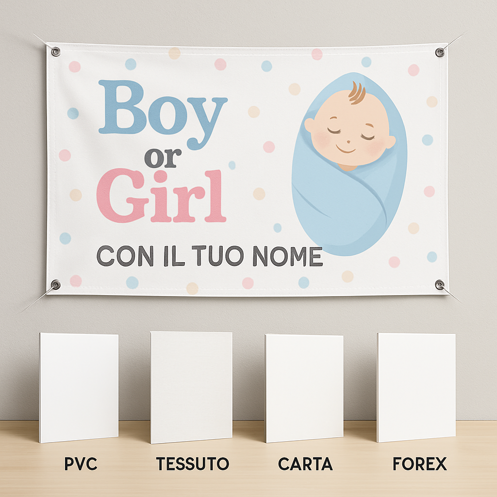 BANNER STRISCIONE NASCITA - Boy or Girl - CON IL TUO NOME bimbo neonato - 03 materiali