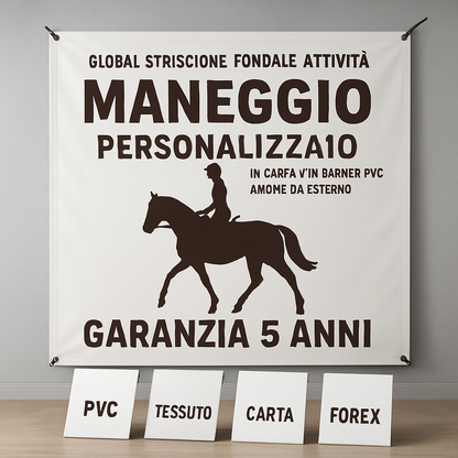 GLOBAL STRISCIONE FONDALE ATTIVITÀ - MANEGGIO - PERSONALIZZATO IN CARTA O IN BANNER PVC ANCHE DA ESTERNO GARANZIA 5 ANNI - 03 materiali