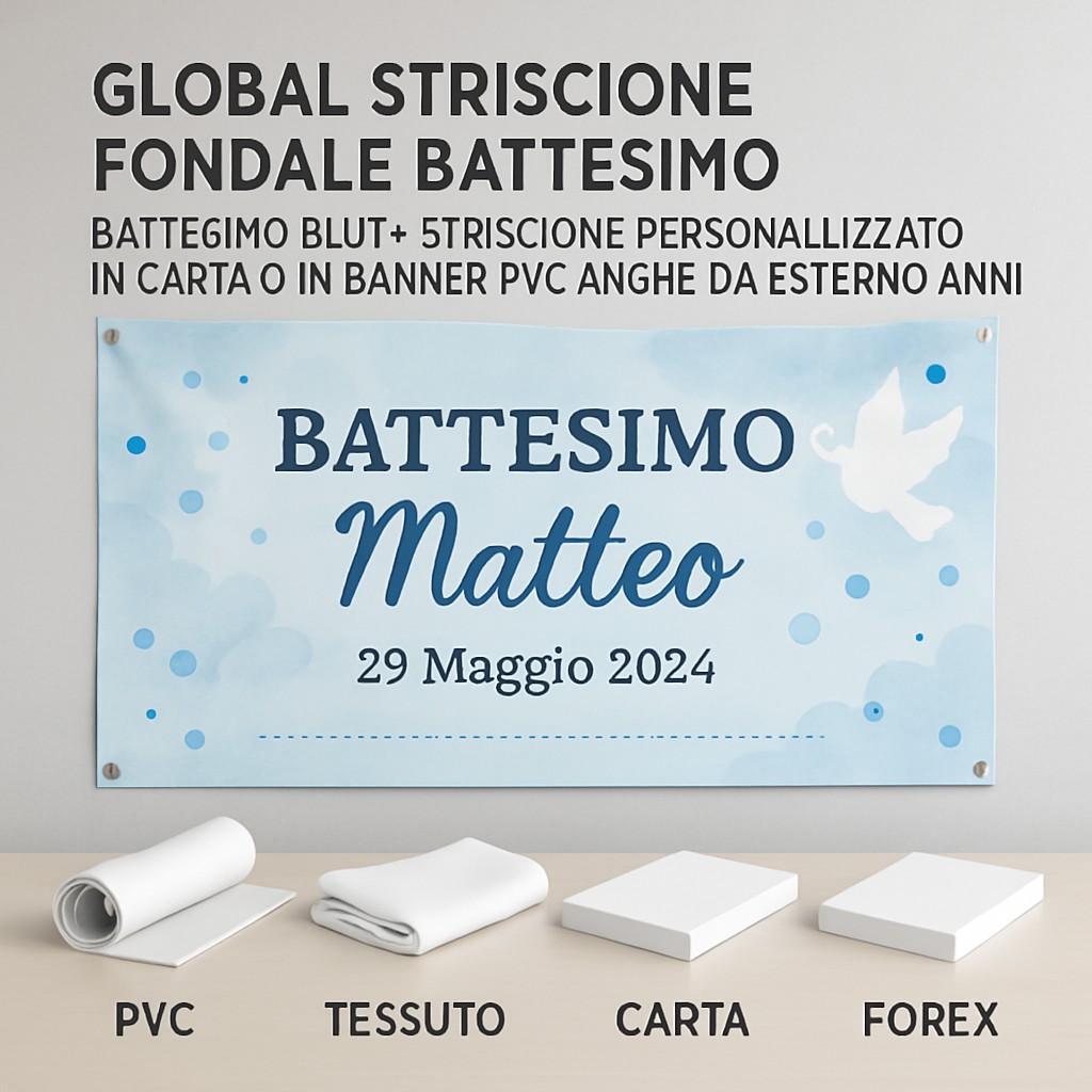 GLOBAL STRISCIONE FONDALE BATTESIMO - Battesimo Blue - STRISCIONE PERSONALIZZATO IN CARTA O IN BANNER PVC ANCHE DA ESTERNO GARANZIA 5 ANNI - 03 materiali