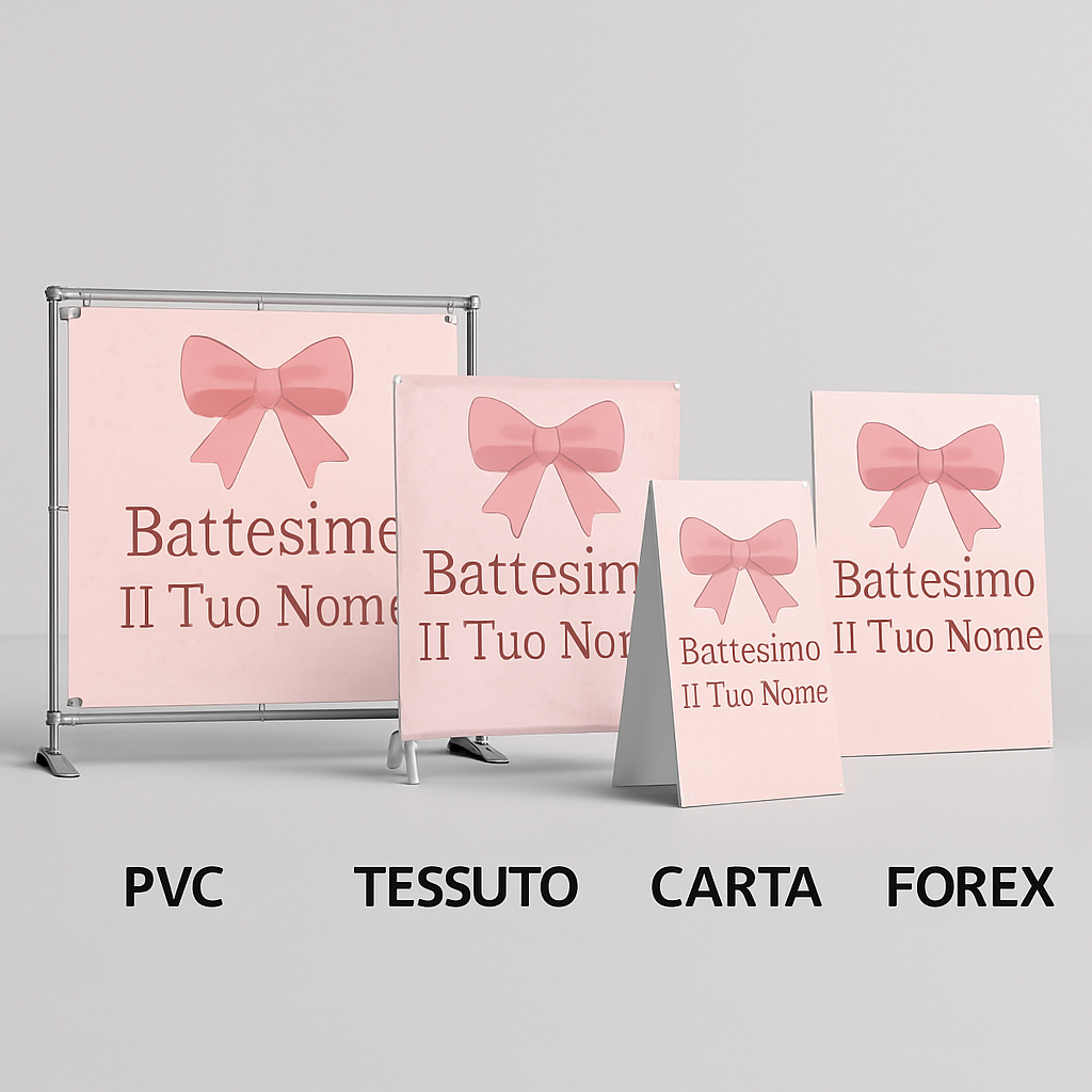 BANNER STRISCIONE BATTESIMO - Fiocco Rosa - CON IL TUO NOME bimbo - 03 materiali