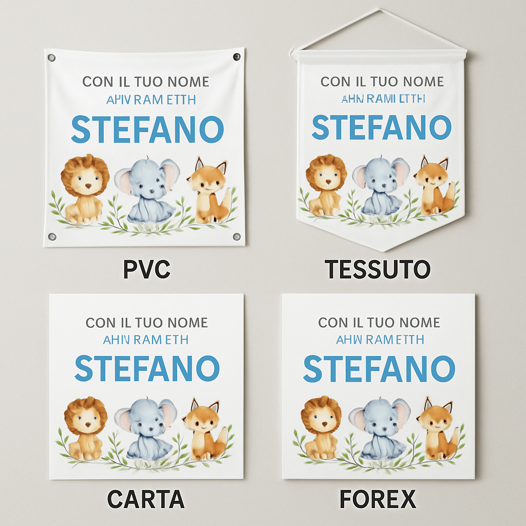 BANNER STRISCIONE NASCITA - Animaletti - CON IL TUO NOME bimbo neonato - 03 materiali