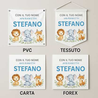 BANNER STRISCIONE NASCITA - Animaletti - CON IL TUO NOME bimbo neonato - 03 materiali