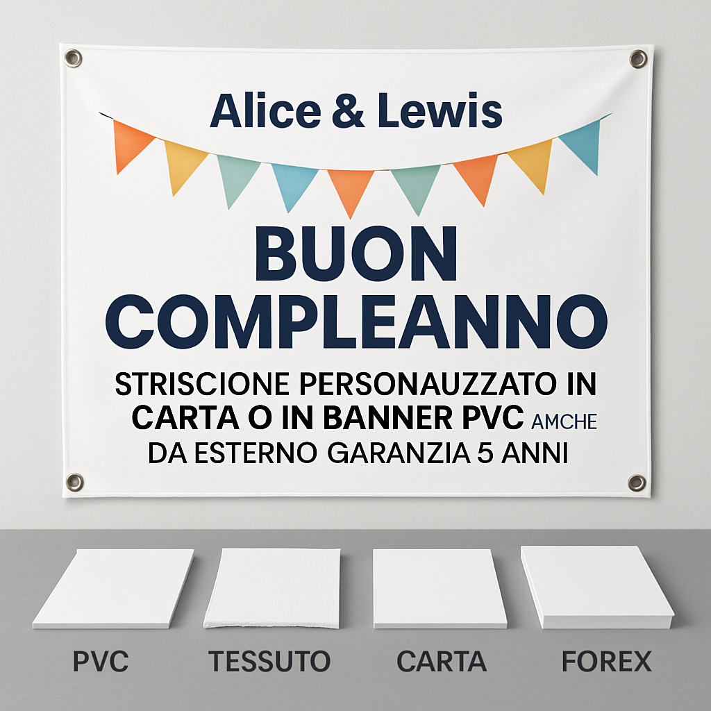 GLOBAL STRISCIONE FONDALE COMPLEANNO - Alice & Lewis - STRISCIONE PERSONALIZZATO IN CARTA O IN BANNER PVC ANCHE DA ESTERNO GARANZIA 5 ANNI - 03 materiali