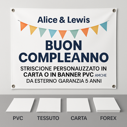 GLOBAL STRISCIONE FONDALE COMPLEANNO - Alice & Lewis - STRISCIONE PERSONALIZZATO IN CARTA O IN BANNER PVC ANCHE DA ESTERNO GARANZIA 5 ANNI - 03 materiali