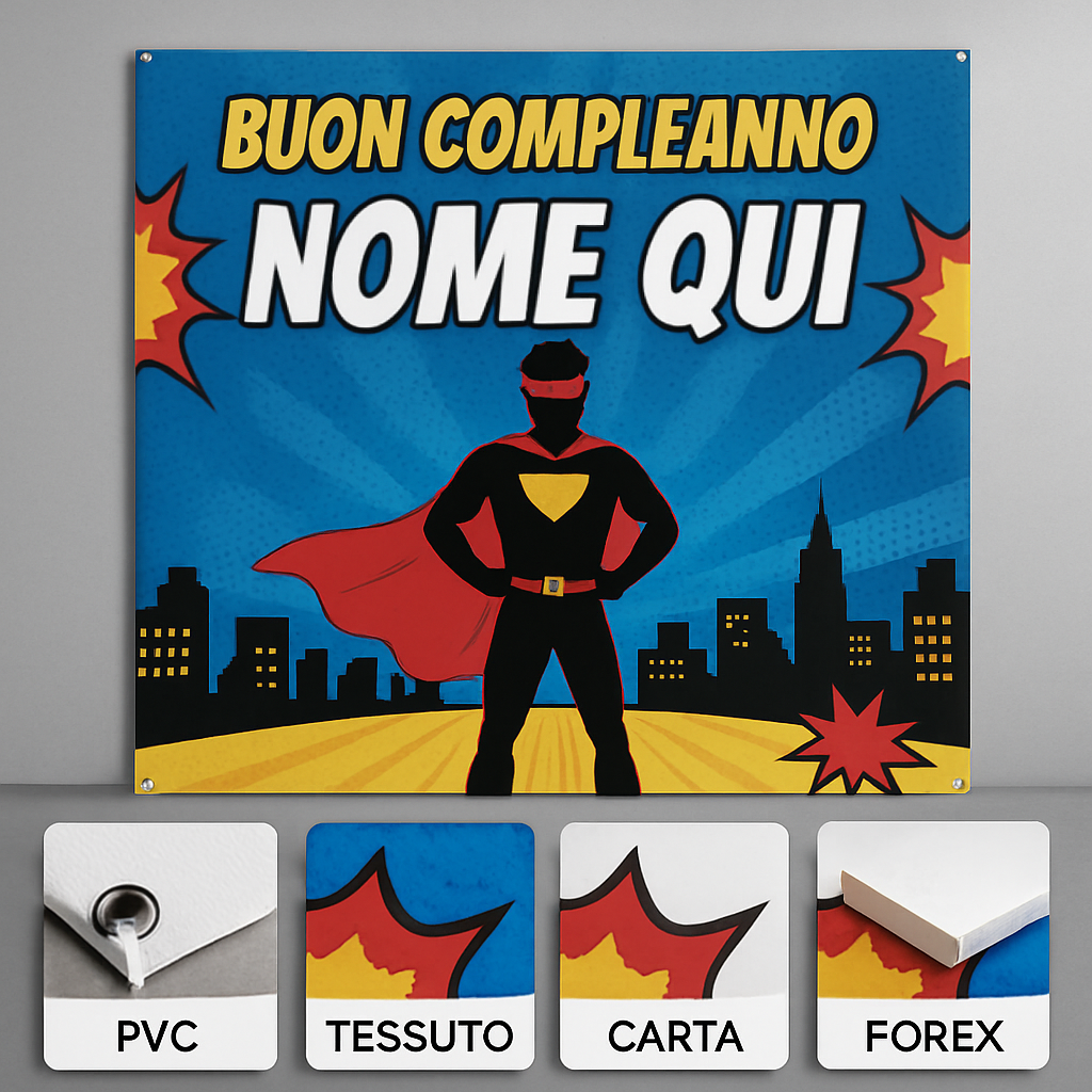 GLOBAL STRISCIONE FONDALE COMPLEANNO - Avengers Supereroi mod 2 - STRISCIONE PERSONALIZZATO IN CARTA O IN BANNER PVC ANCHE DA ESTERNO GARANZIA 5 ANNI - 03 materiali