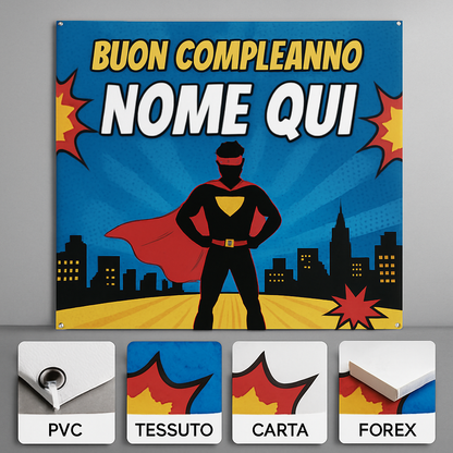 GLOBAL STRISCIONE FONDALE COMPLEANNO - Avengers Supereroi mod 2 - STRISCIONE PERSONALIZZATO IN CARTA O IN BANNER PVC ANCHE DA ESTERNO GARANZIA 5 ANNI - 03 materiali