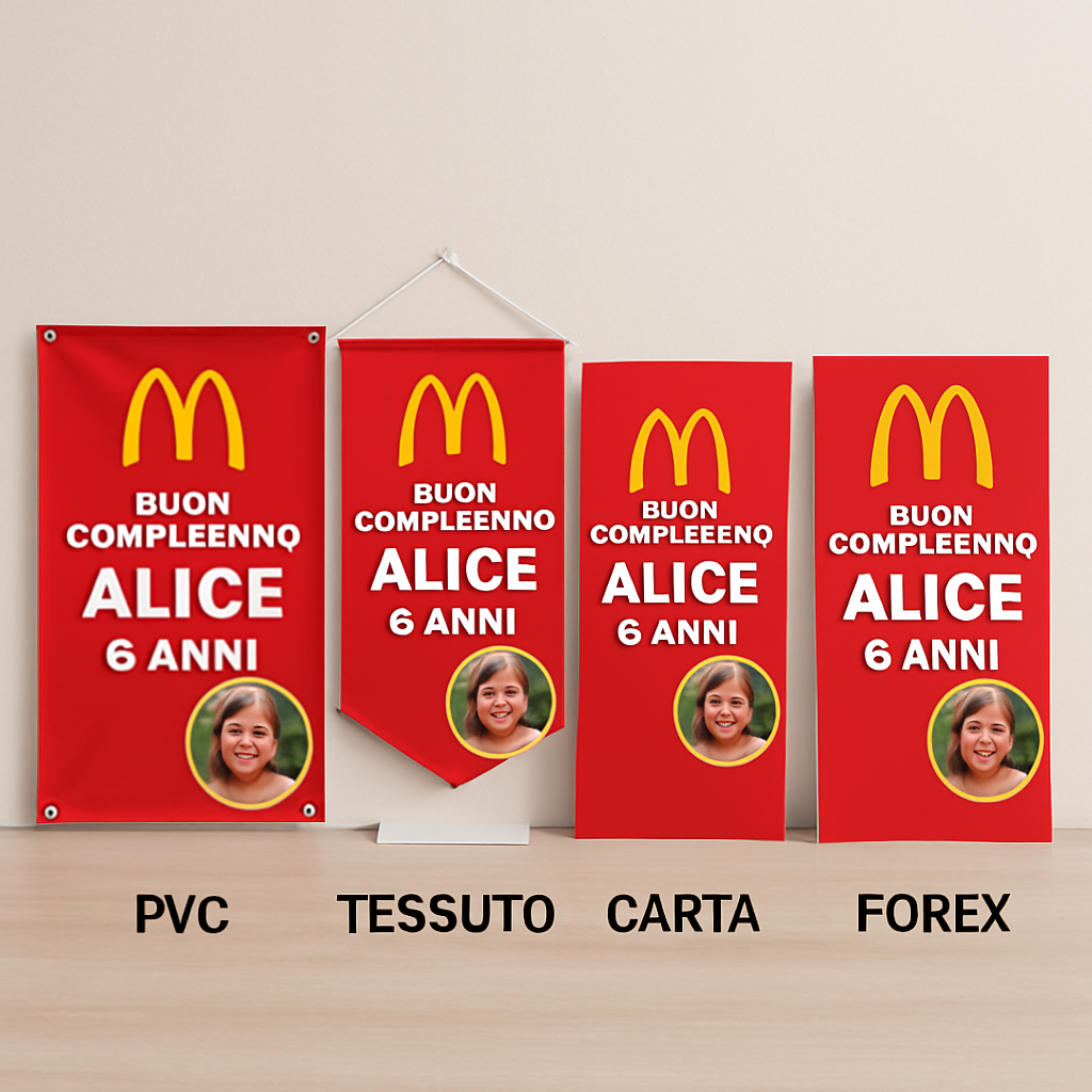 BANNER STRISCIONE compleanno - McDonald’s - CON NOME foto ed età bimbo/a - 03 materiali