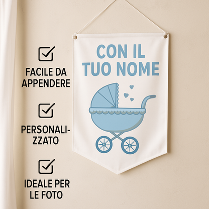 BANNER STRISCIONE NASCITA - Carrozzina - CON IL TUO NOME bimbo neonato - 04 benefici utilizzo