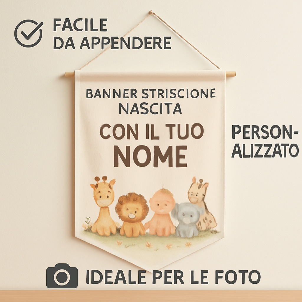 BANNER STRISCIONE NASCITA - Animaletti - CON IL TUO NOME bimbo neonato - 04 benefici utilizzo