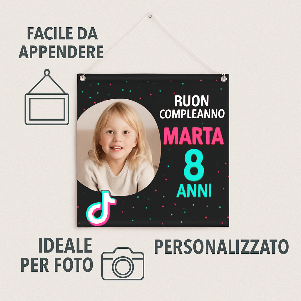 BANNER STRISCIONE compleanno - Tik Tok - CON NOME foto ed età bimbo/a - 04 benefici utilizzo