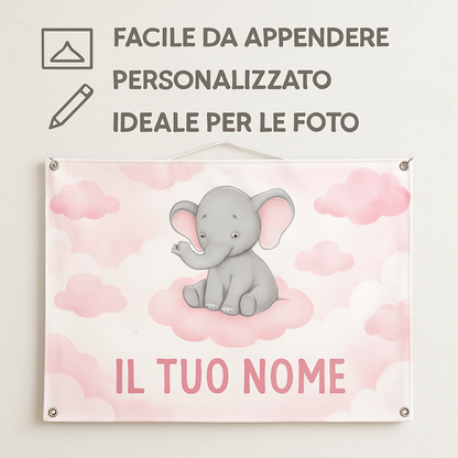 BANNER STRISCIONE NASCITA - Elefante tra le nuvole rosa - CON IL TUO NOME bimbo neonato - 04 benefici utilizzo