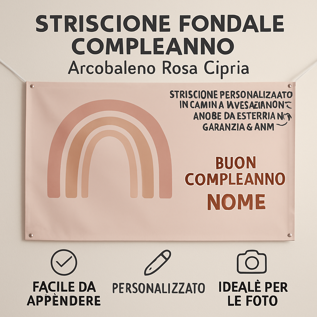 GLOBAL STRISCIONE FONDALE COMPLEANNO - Arcobaleno Rosa Cipria - STRISCIONE PERSONALIZZATO IN CARTA O IN BANNER PVC ANCHE DA ESTERNO GARANZIA 5 ANNI - 04 benefici utilizzo